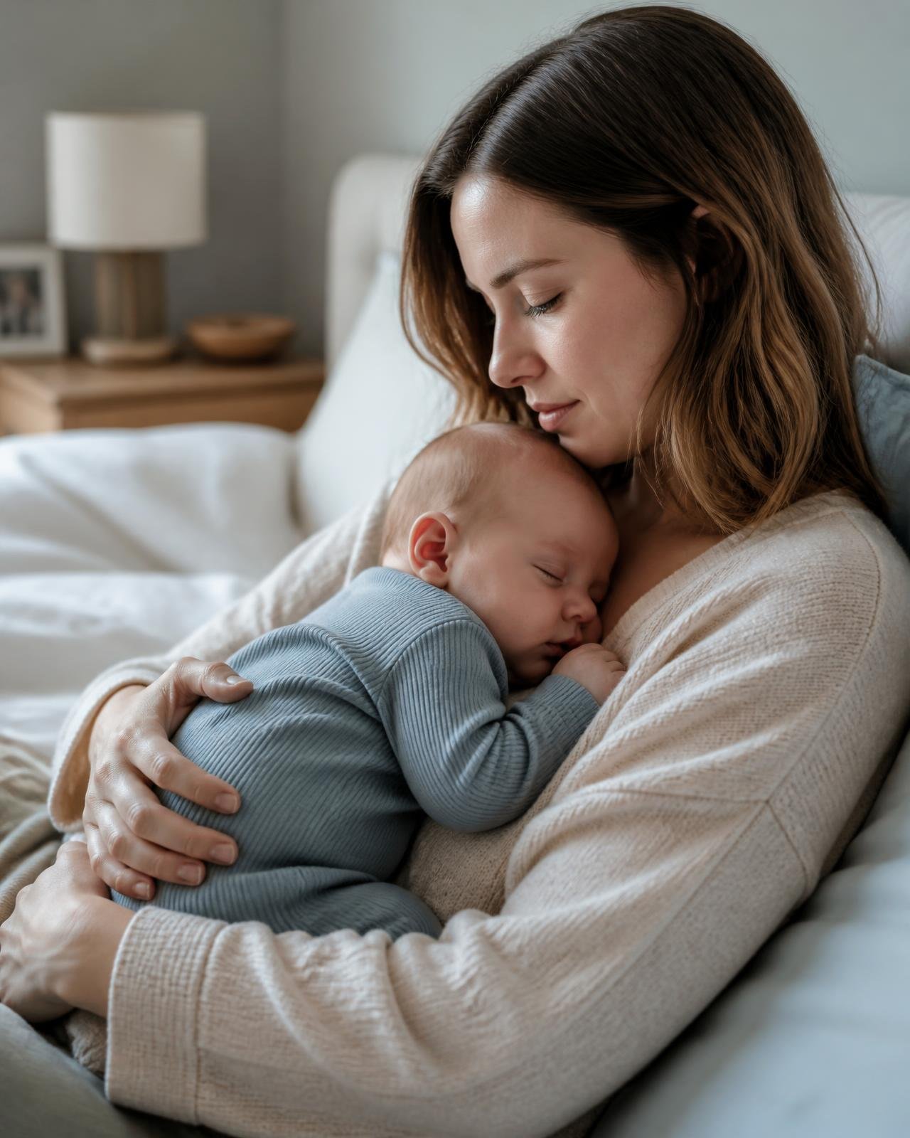 Mãe segurando seu bebê que dorme tranquilamente no colo